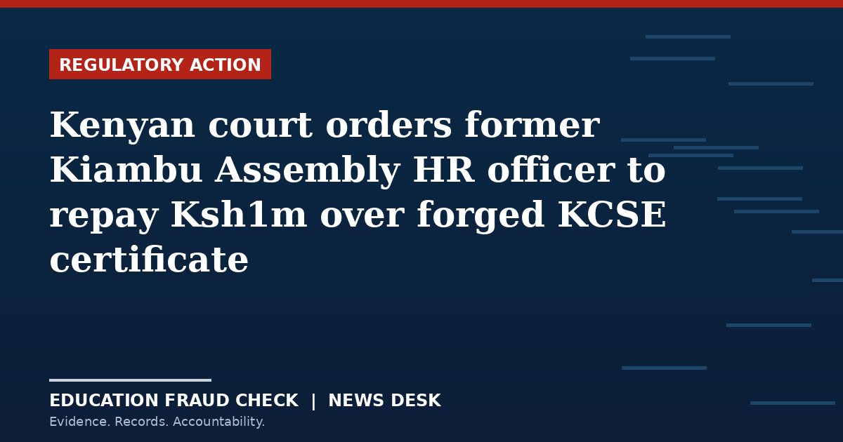 Kenyan court orders former Kiambu Assembly HR officer to repay Ksh1m over forged KCSE certificate