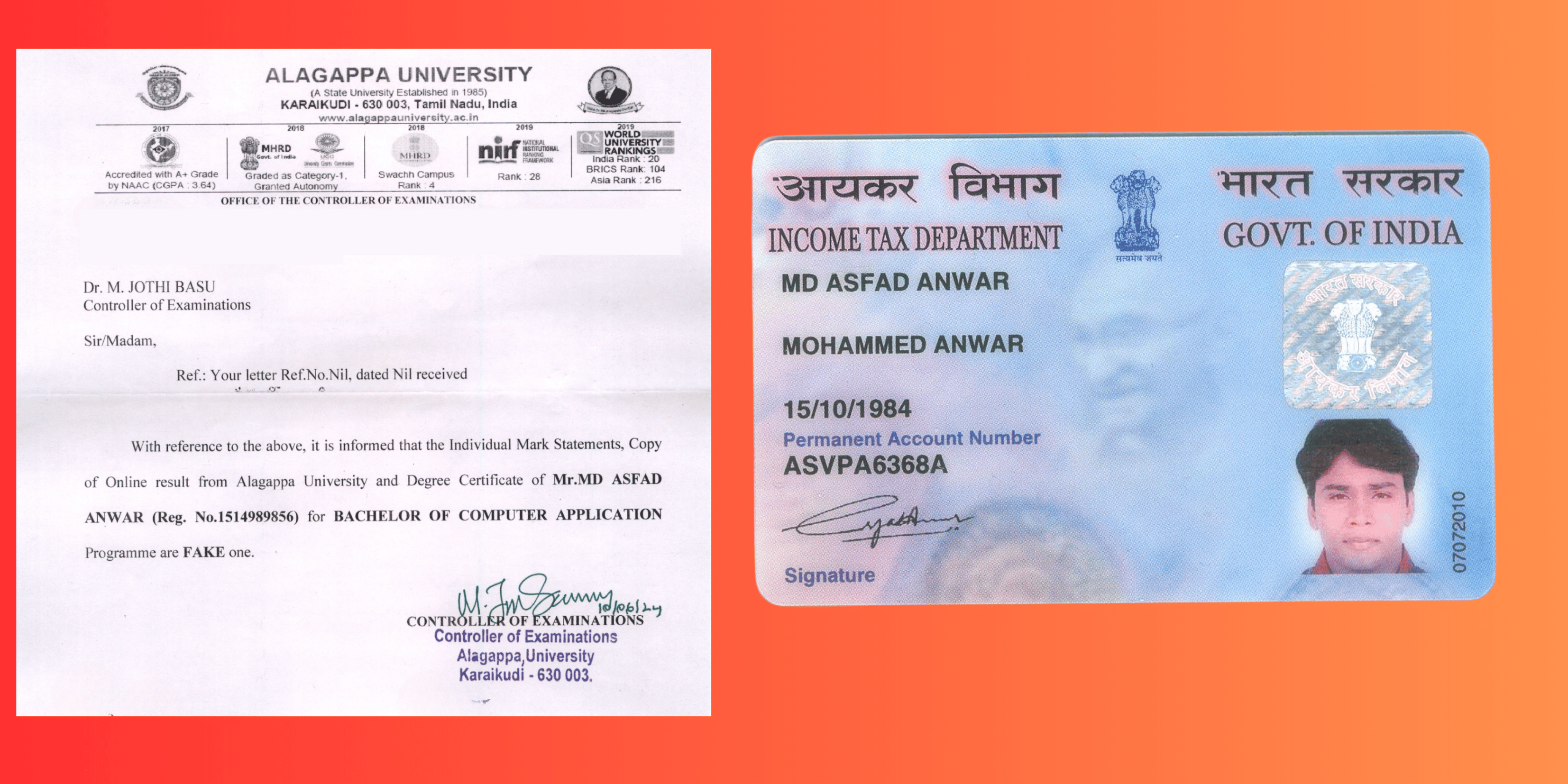 Alagappa University, Karaikudi – Case of MD Asfad Anwar
